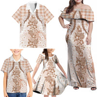 Aloha Hawaii Palaka Family Matching Off Shoulder Maxi Dress and Hawaiian Shirt Beige Plumeria Lei LT05 - Polynesian Pride