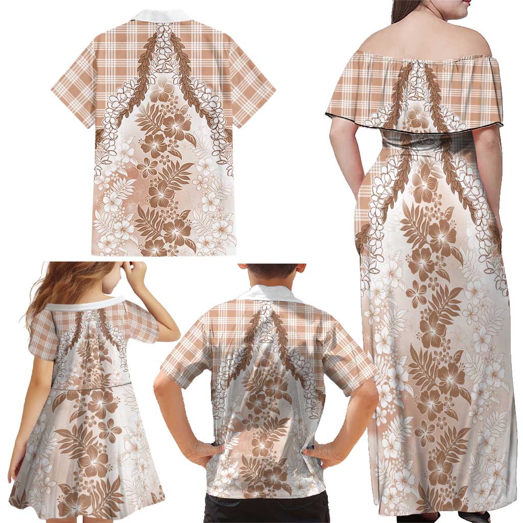 Aloha Hawaii Palaka Family Matching Off Shoulder Maxi Dress and Hawaiian Shirt Beige Plumeria Lei LT05 - Polynesian Pride