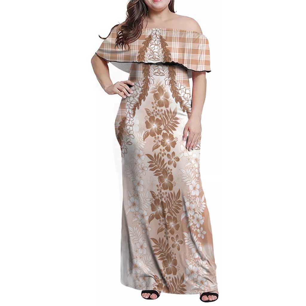 Aloha Hawaii Palaka Family Matching Off Shoulder Maxi Dress and Hawaiian Shirt Beige Plumeria Lei LT05 Mom's Dress Beige - Polynesian Pride