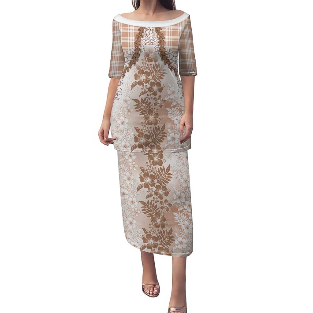 Aloha Hawaii Palaka Family Matching Puletasi and Hawaiian Shirt Beige Plumeria Lei LT05 Mom's Dress Beige - Polynesian Pride