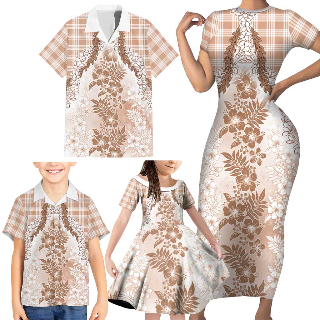 Aloha Hawaii Palaka Family Matching Short Sleeve Bodycon Dress and Hawaiian Shirt Beige Plumeria Lei - Polynesian Pride