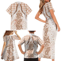 Aloha Hawaii Palaka Family Matching Short Sleeve Bodycon Dress and Hawaiian Shirt Beige Plumeria Lei LT05 - Polynesian Pride