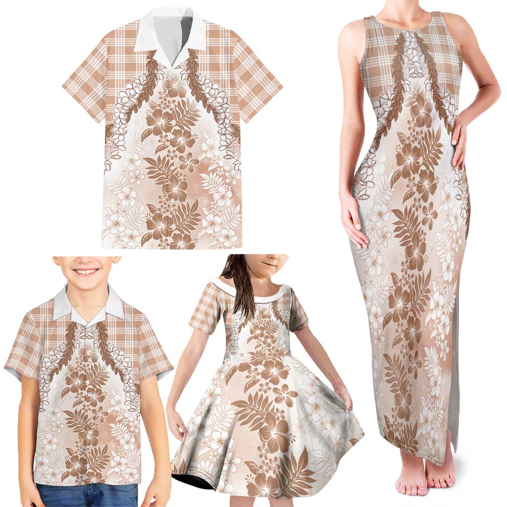Aloha Hawaii Palaka Family Matching Tank Maxi Dress and Hawaiian Shirt Beige Plumeria Lei - Polynesian Pride