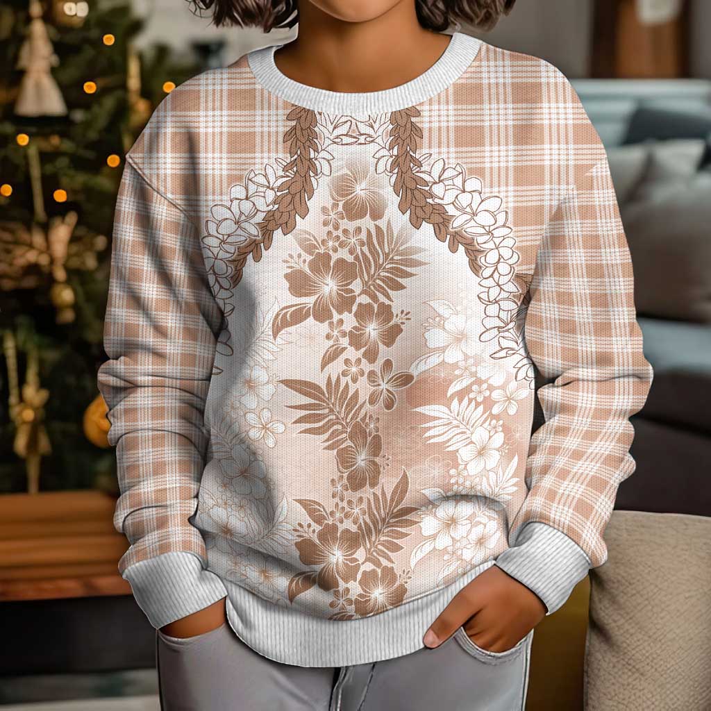 Aloha Hawaii Palaka Kid Ugly Christmas Sweater Beige Plumeria Lei - Polynesian Pride
