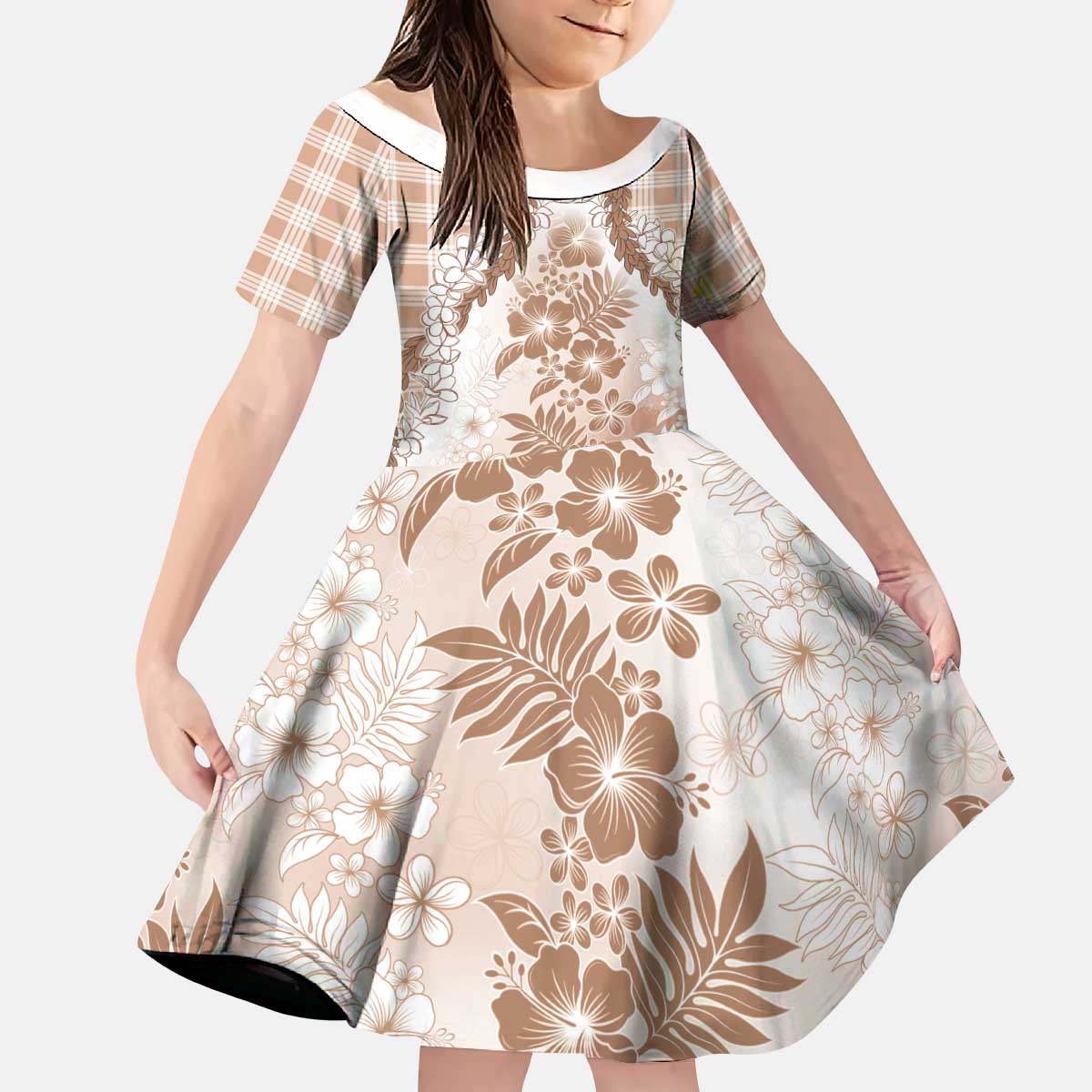Aloha Hawaii Palaka Kid Short Sleeve Dress Beige Plumeria Lei LT05 KID Beige - Polynesian Pride