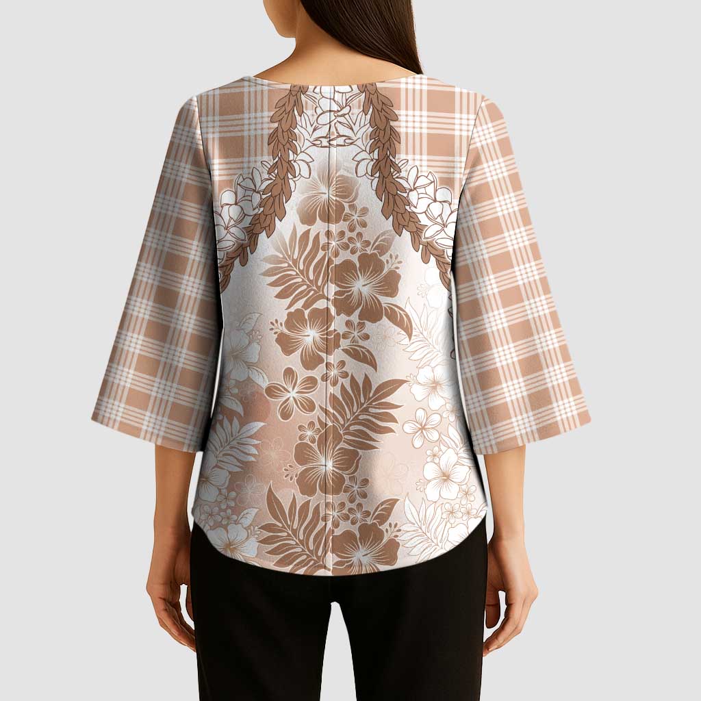 Aloha Hawaii Palaka Kimono Sleeve Blouse Beige Plumeria Lei - Polynesian Pride