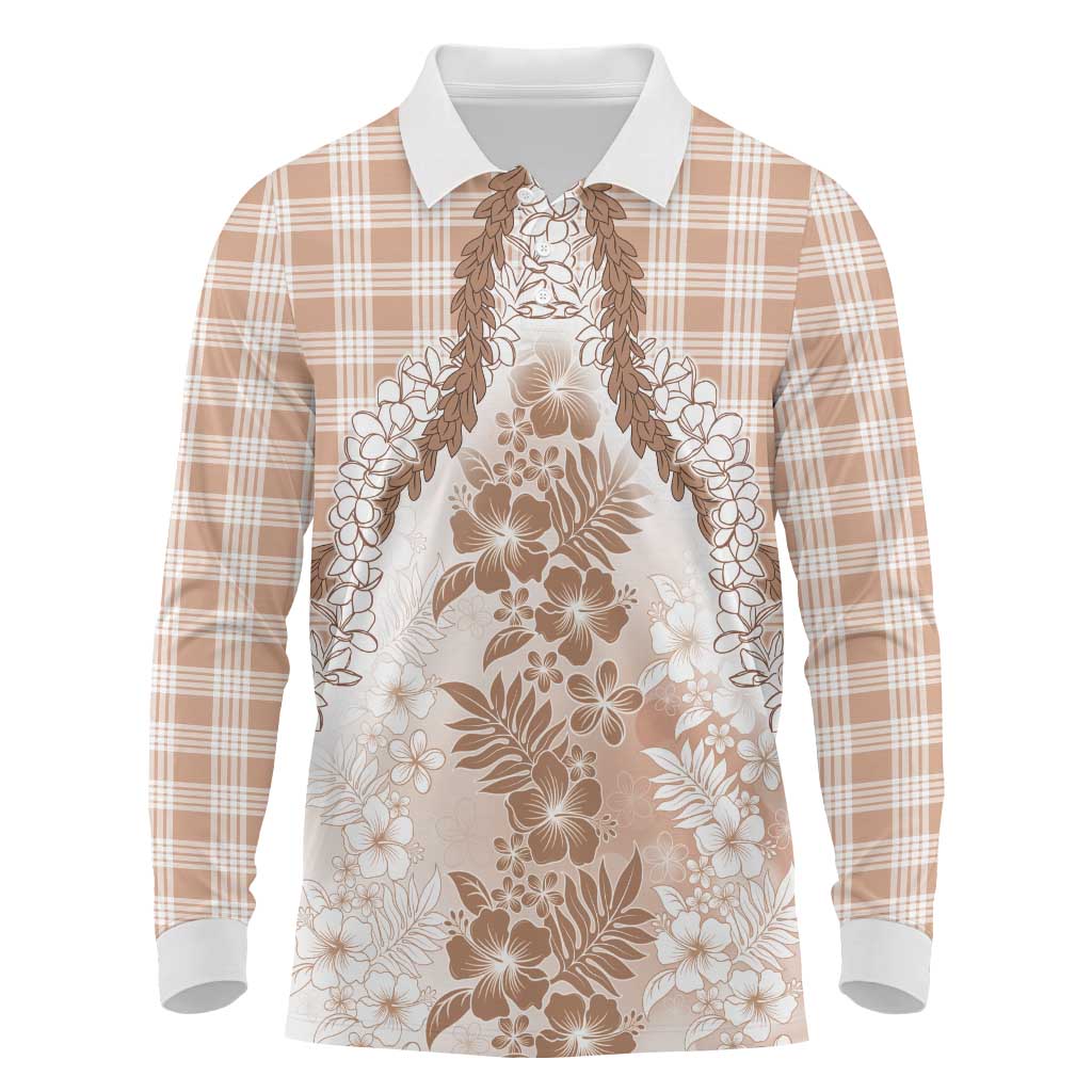 Aloha Hawaii Palaka Long Sleeve Polo Shirt Beige Plumeria Lei LT05 Beige - Polynesian Pride