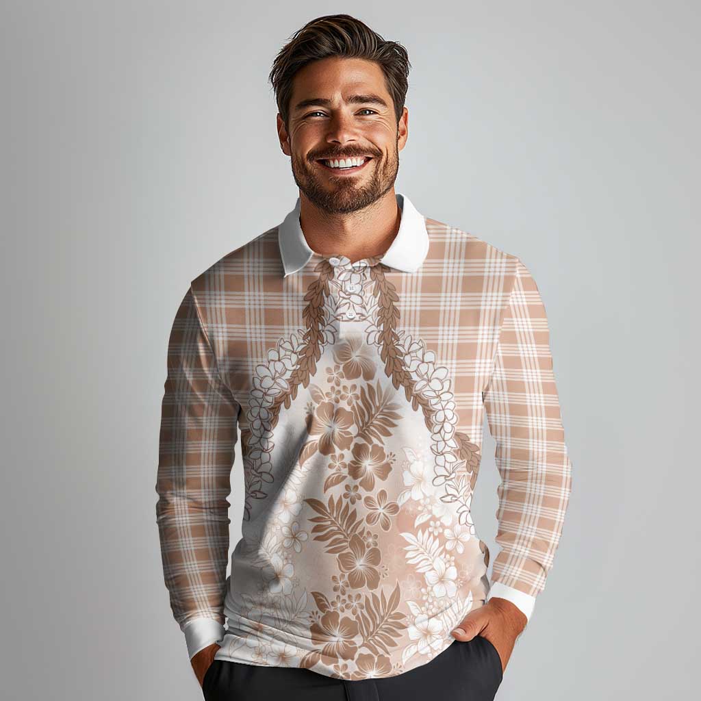 Aloha Hawaii Palaka Long Sleeve Polo Shirt Beige Plumeria Lei LT05 - Polynesian Pride