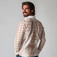 Aloha Hawaii Palaka Long Sleeve Polo Shirt Beige Plumeria Lei LT05 - Polynesian Pride