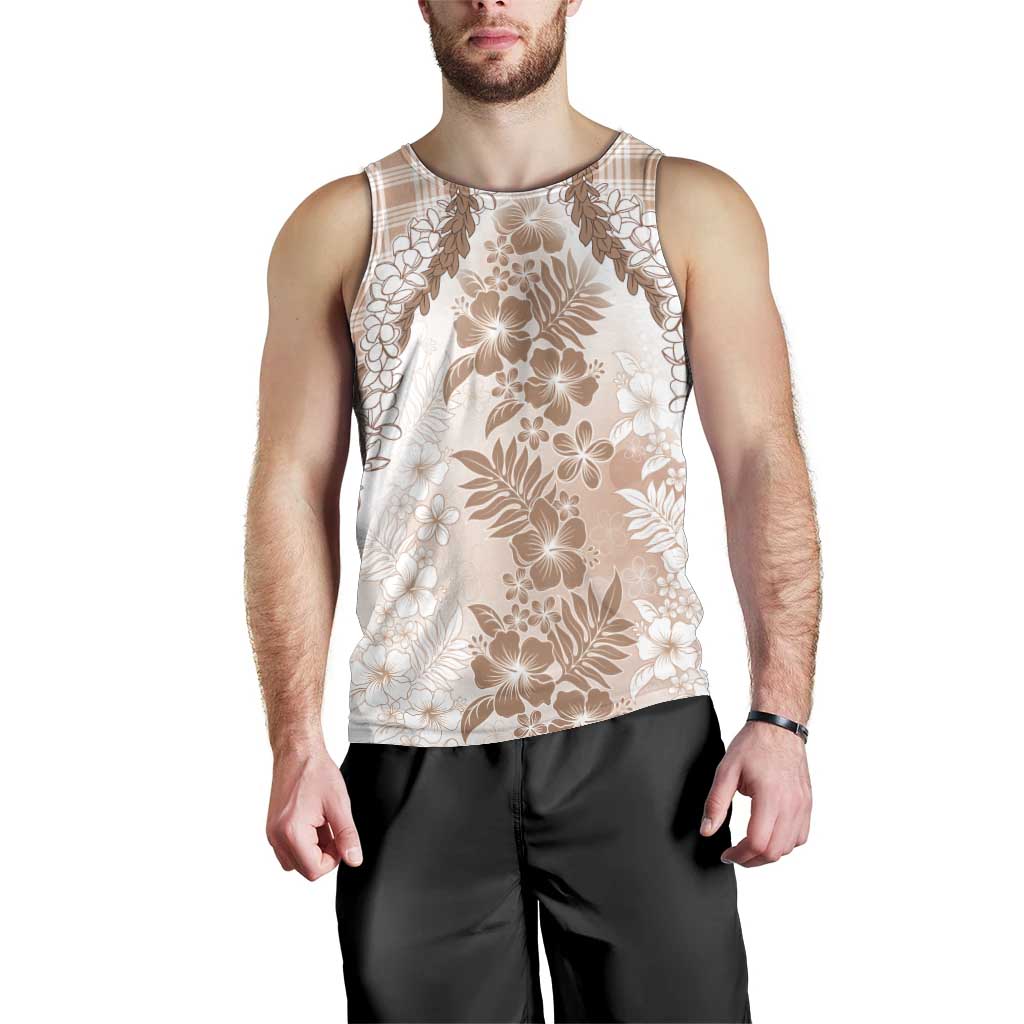 Aloha Hawaii Palaka Men Tank Top Beige Plumeria Lei - Polynesian Pride