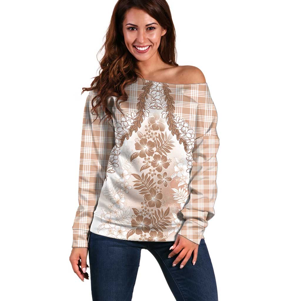 Aloha Hawaii Palaka Off Shoulder Sweater Beige Plumeria Lei - Polynesian Pride