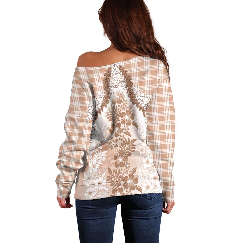 Aloha Hawaii Palaka Off Shoulder Sweater Beige Plumeria Lei - Polynesian Pride