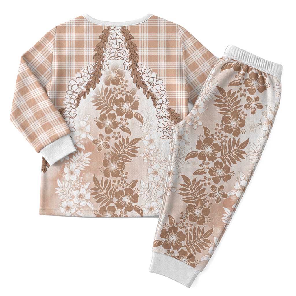Aloha Hawaii Palaka Christmas Pajama Set Beige Plumeria Lei - Polynesian Pride