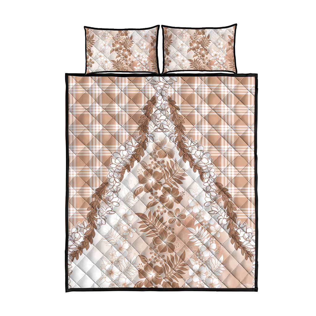 Aloha Hawaii Palaka Quilt Bed Set Beige Plumeria Lei - Polynesian Pride