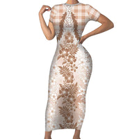 Aloha Hawaii Palaka Short Sleeve Bodycon Dress Beige Plumeria Lei - Polynesian Pride