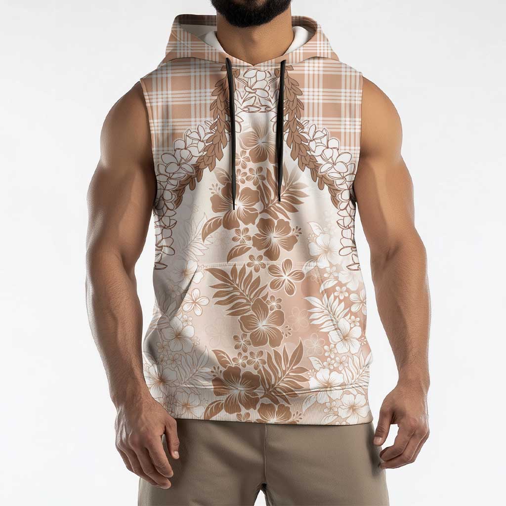 Aloha Hawaii Palaka Sleeveless Hoodie Beige Plumeria Lei LT05 - Polynesian Pride