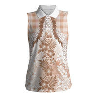 Aloha Hawaii Palaka Women Sleeveless Polo Shirt Beige Plumeria Lei LT05 Female Beige - Polynesian Pride