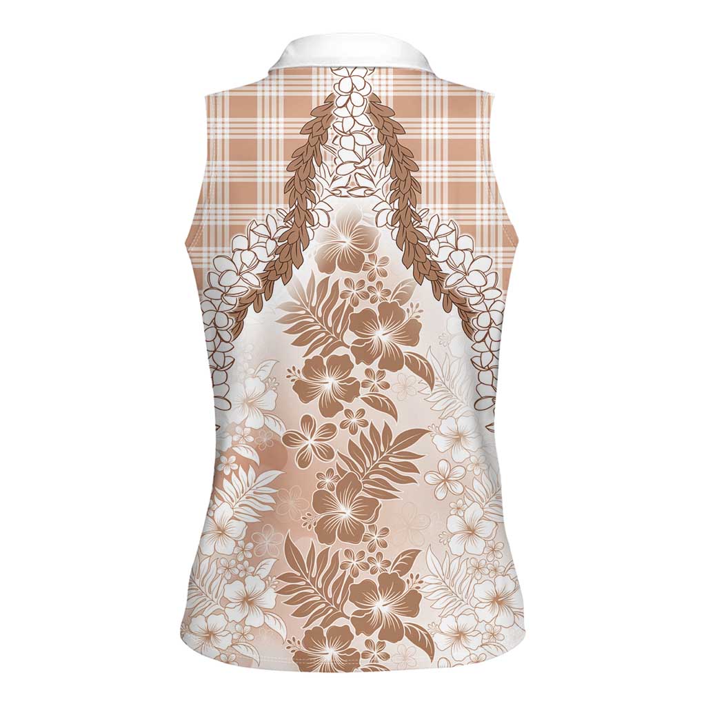 Aloha Hawaii Palaka Women Sleeveless Polo Shirt Beige Plumeria Lei LT05 - Polynesian Pride