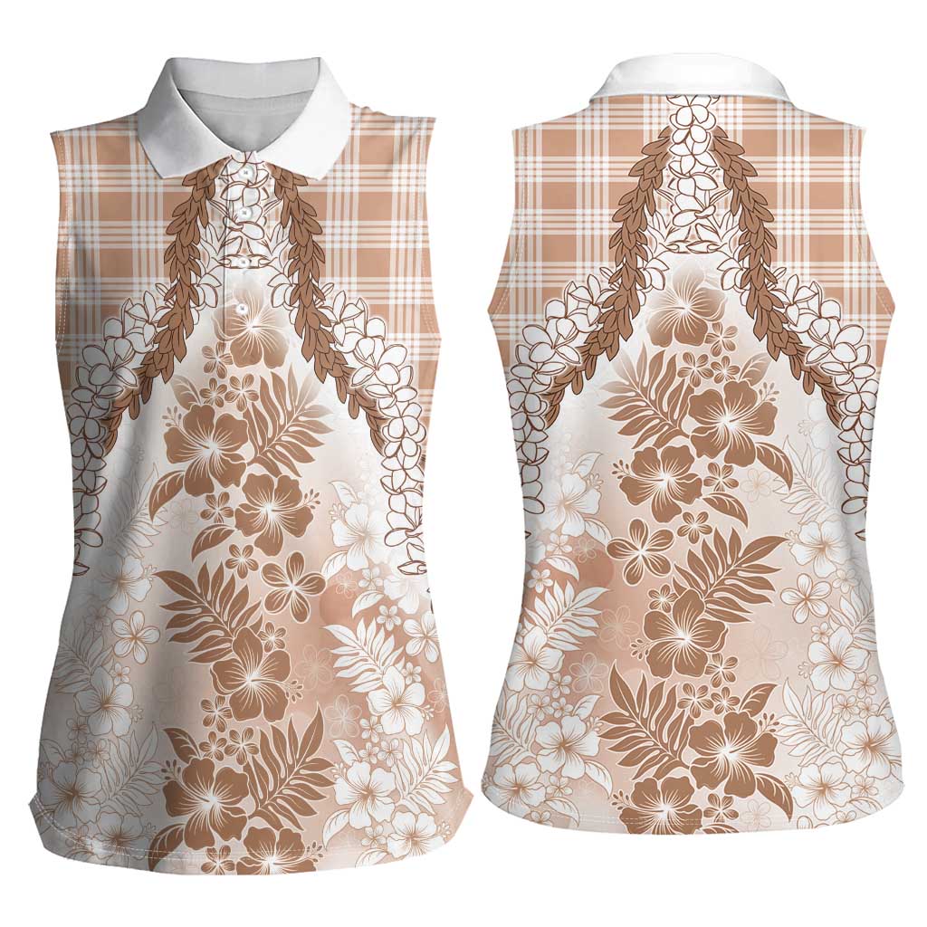 Aloha Hawaii Palaka Women Sleeveless Polo Shirt Beige Plumeria Lei LT05 - Polynesian Pride