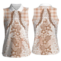 Aloha Hawaii Palaka Women Sleeveless Polo Shirt Beige Plumeria Lei LT05 - Polynesian Pride