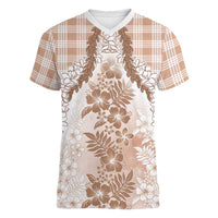 Aloha Hawaii Palaka Women V-Neck T-Shirt Beige Plumeria Lei LT05 Female Beige - Polynesian Pride