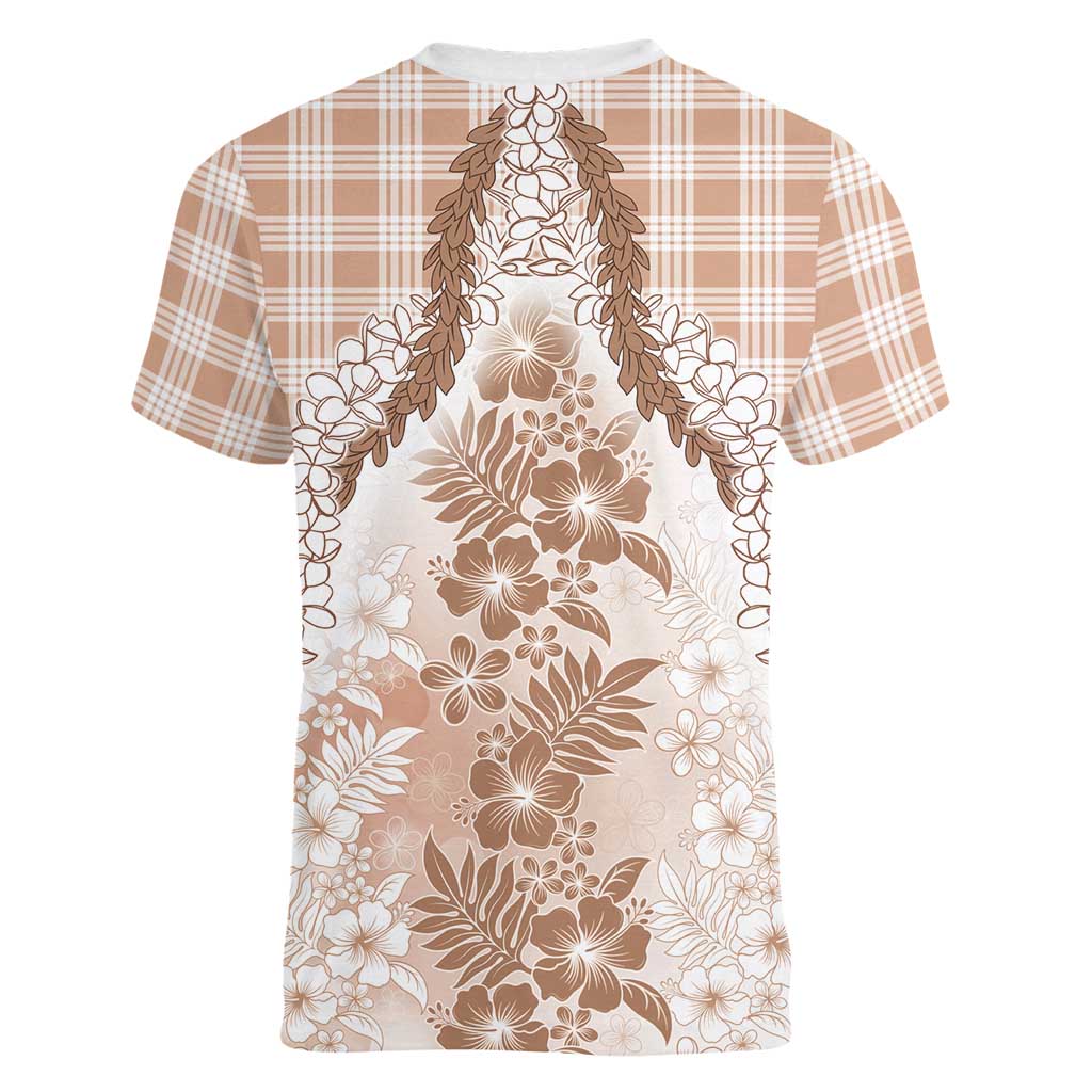 Aloha Hawaii Palaka Women V-Neck T-Shirt Beige Plumeria Lei LT05 - Polynesian Pride