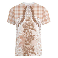 Aloha Hawaii Palaka Women V-Neck T-Shirt Beige Plumeria Lei LT05 - Polynesian Pride