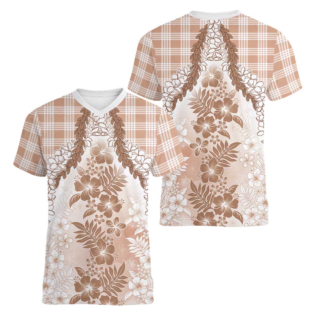Aloha Hawaii Palaka Women V-Neck T-Shirt Beige Plumeria Lei LT05 - Polynesian Pride