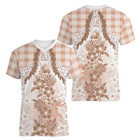 Aloha Hawaii Palaka Women V-Neck T-Shirt Beige Plumeria Lei LT05 - Polynesian Pride