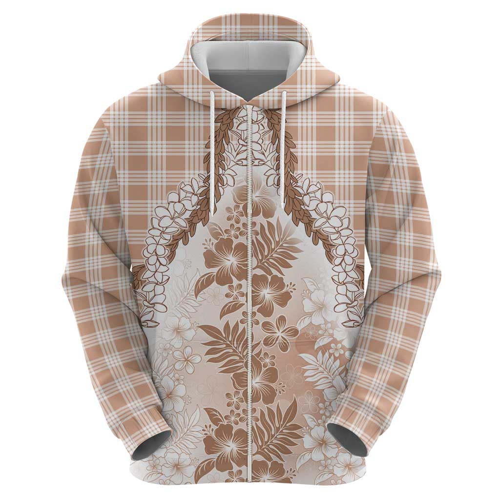 Aloha Hawaii Palaka Zip Hoodie Beige Plumeria Lei - Polynesian Pride