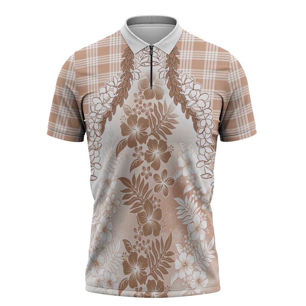 Aloha Hawaii Palaka Zipper Polo Shirt Beige Plumeria Lei - Polynesian Pride