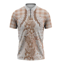 Aloha Hawaii Palaka Zipper Polo Shirt Beige Plumeria Lei - Polynesian Pride