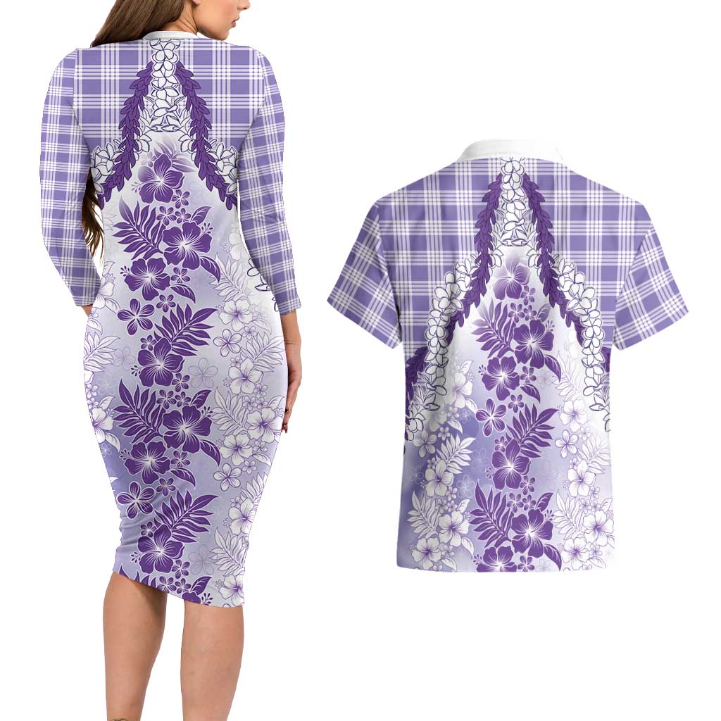 Aloha Hawaii Palaka Couples Matching Long Sleeve Bodycon Dress and Hawaiian Shirt Purple Plumeria Lei LT05 - Polynesian Pride