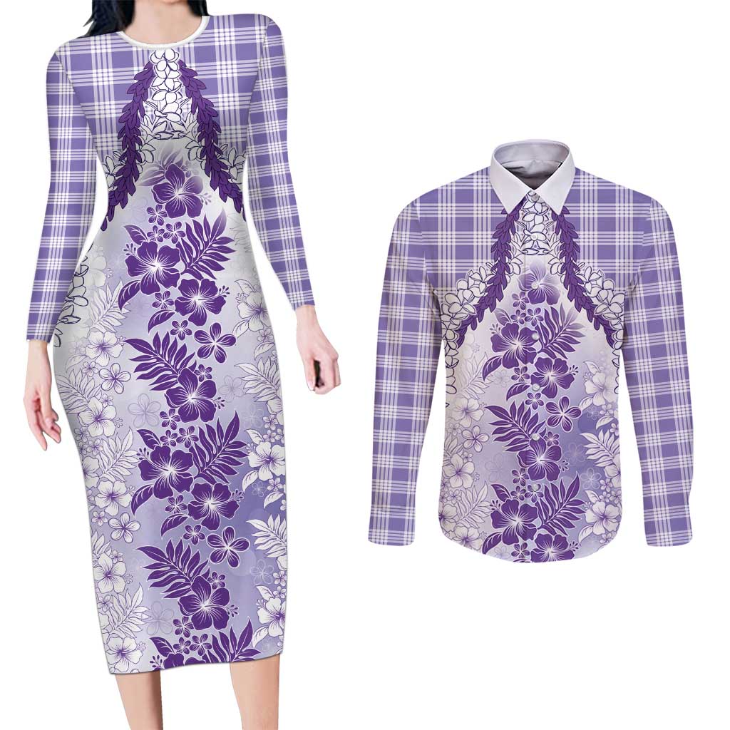Aloha Hawaii Palaka Couples Matching Long Sleeve Bodycon Dress and Long Sleeve Button Shirt Purple Plumeria Lei LT05 Purple - Polynesian Pride