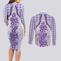 Aloha Hawaii Palaka Couples Matching Long Sleeve Bodycon Dress and Long Sleeve Button Shirt Purple Plumeria Lei LT05 - Polynesian Pride