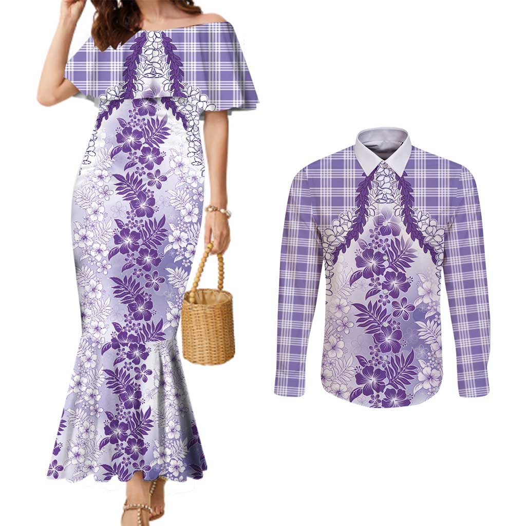 Aloha Hawaii Palaka Couples Matching Mermaid Dress and Long Sleeve Button Shirt Purple Plumeria Lei LT05 Purple - Polynesian Pride