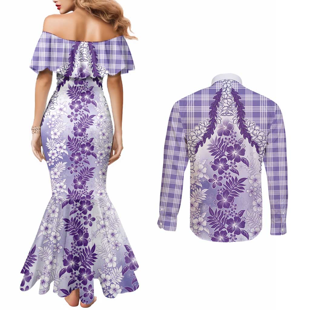 Aloha Hawaii Palaka Couples Matching Mermaid Dress and Long Sleeve Button Shirt Purple Plumeria Lei LT05 - Polynesian Pride