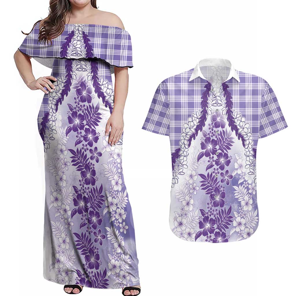 Aloha Hawaii Palaka Couples Matching Off Shoulder Maxi Dress and Hawaiian Shirt Purple Plumeria Lei LT05 Purple - Polynesian Pride