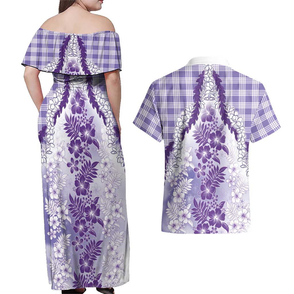 Aloha Hawaii Palaka Couples Matching Off Shoulder Maxi Dress and Hawaiian Shirt Purple Plumeria Lei LT05 - Polynesian Pride