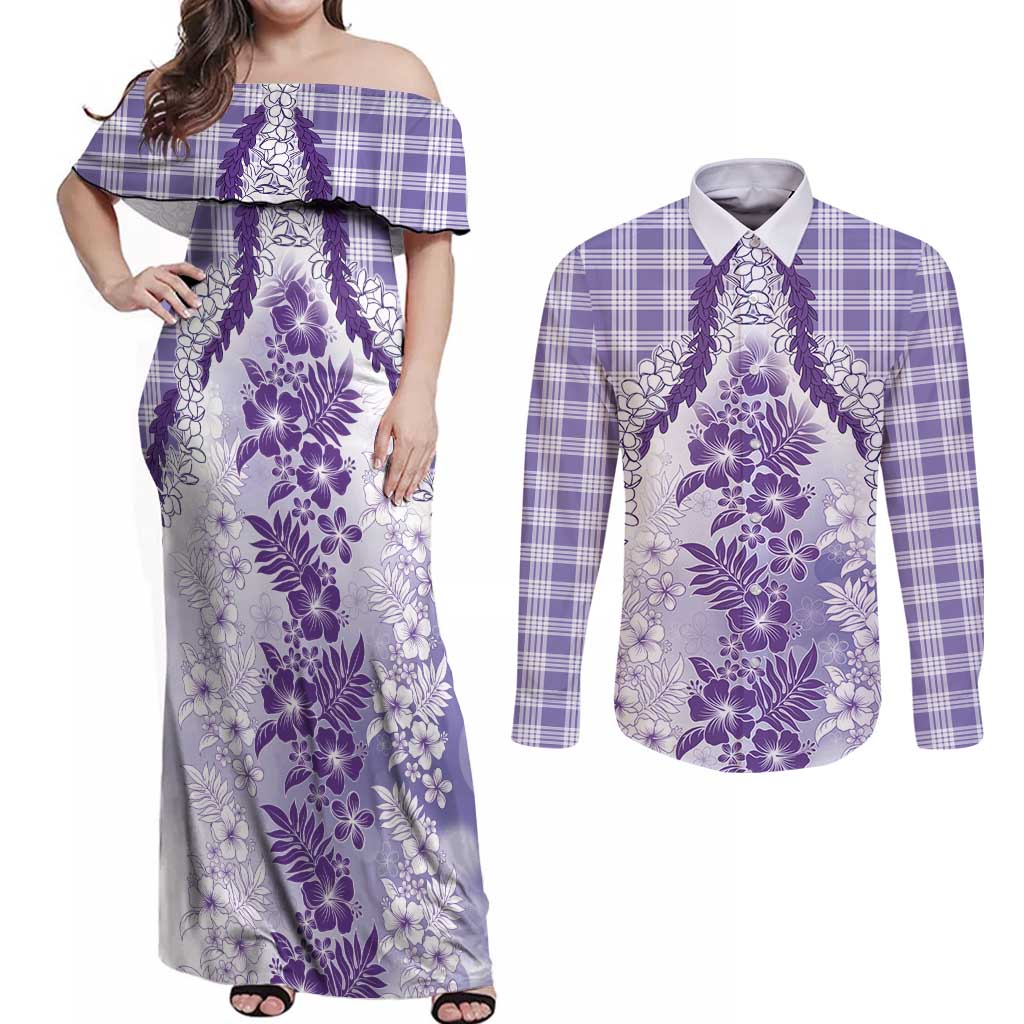 Aloha Hawaii Palaka Couples Matching Off Shoulder Maxi Dress and Long Sleeve Button Shirt Purple Plumeria Lei LT05 Purple - Polynesian Pride