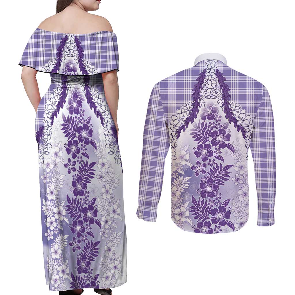 Aloha Hawaii Palaka Couples Matching Off Shoulder Maxi Dress and Long Sleeve Button Shirt Purple Plumeria Lei LT05 - Polynesian Pride