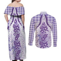 Aloha Hawaii Palaka Couples Matching Off Shoulder Maxi Dress and Long Sleeve Button Shirt Purple Plumeria Lei LT05 - Polynesian Pride