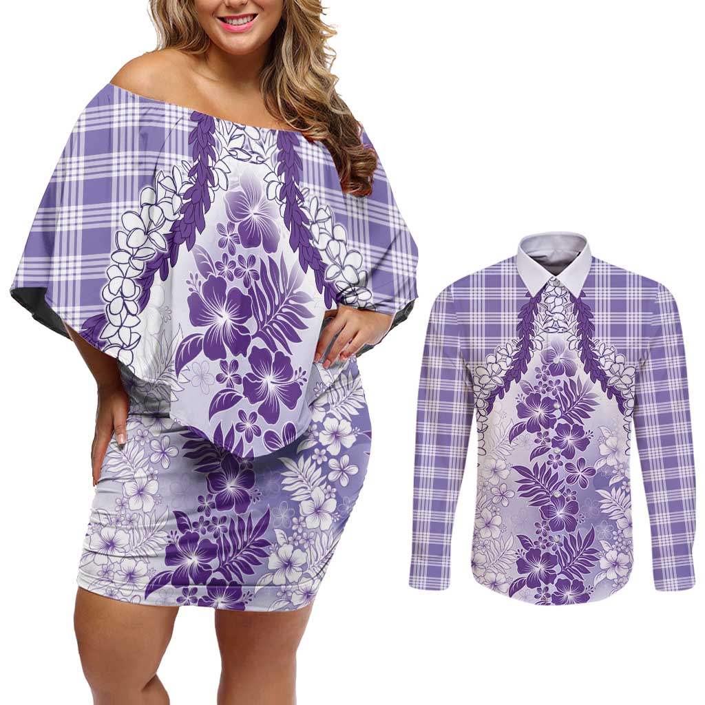 Aloha Hawaii Palaka Couples Matching Off Shoulder Short Dress and Long Sleeve Button Shirt Purple Plumeria Lei LT05 Purple - Polynesian Pride