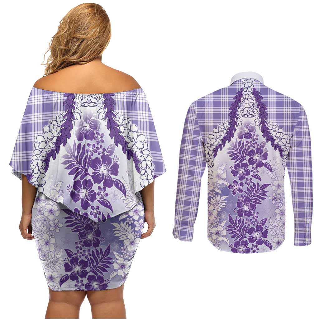Aloha Hawaii Palaka Couples Matching Off Shoulder Short Dress and Long Sleeve Button Shirt Purple Plumeria Lei LT05 - Polynesian Pride
