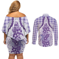 Aloha Hawaii Palaka Couples Matching Off Shoulder Short Dress and Long Sleeve Button Shirt Purple Plumeria Lei LT05 - Polynesian Pride