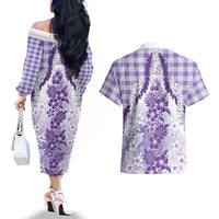 Aloha Hawaii Palaka Couples Matching Off The Shoulder Long Sleeve Dress and Hawaiian Shirt Purple Plumeria Lei LT05 - Polynesian Pride