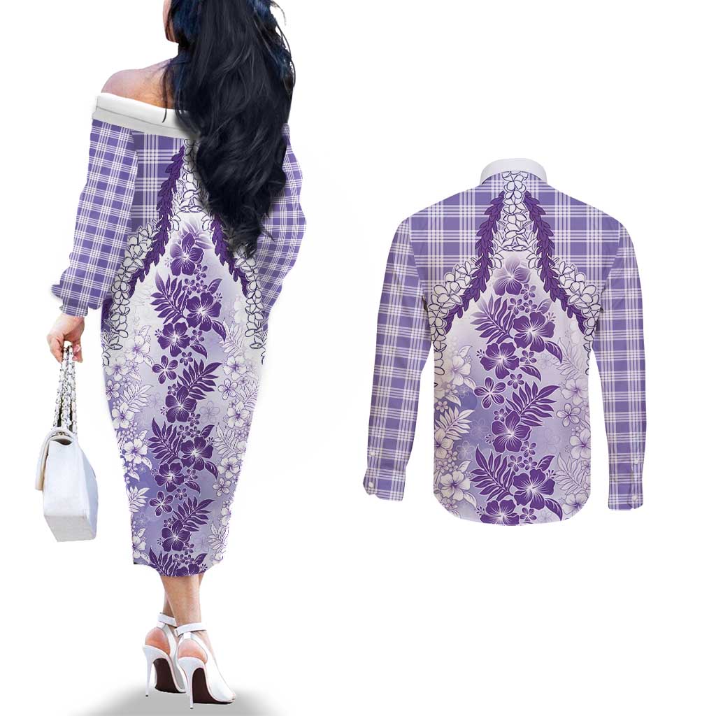 Aloha Hawaii Palaka Couples Matching Off The Shoulder Long Sleeve Dress and Long Sleeve Button Shirt Purple Plumeria Lei LT05 - Polynesian Pride