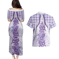 Aloha Hawaii Palaka Couples Matching Puletasi and Hawaiian Shirt Purple Plumeria Lei LT05 - Polynesian Pride