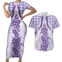 Aloha Hawaii Palaka Couples Matching Short Sleeve Bodycon Dress and Hawaiian Shirt Purple Plumeria Lei LT05 Purple - Polynesian Pride