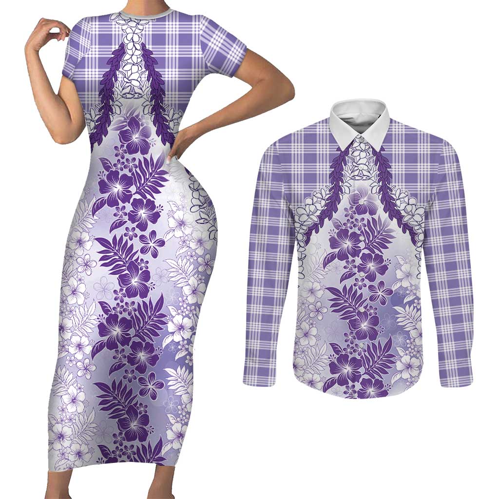 Aloha Hawaii Palaka Couples Matching Short Sleeve Bodycon Dress and Long Sleeve Button Shirt Purple Plumeria Lei LT05 Purple - Polynesian Pride